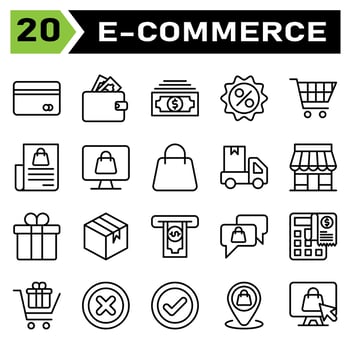 E commerce icon set include e commerce, money, wallet, finance, dollar, discount, price, sale, percent, trolley, buy, chart, shopping, bill, computer, cart, shop, online, bag, truck, delivery, car vector