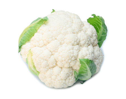 Single fresh ripe white cauliflower head with some green leaves isolated on white background with clipping path and shadow in png file format, Organic vegetable, Concept of healthy food eating