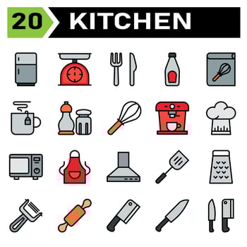 Kitchen equipment icon set include refrigerator, fringe, kitchen, equipment, scales, scale, weight, fork, knife, cutlery, bottle, sauce, tomato, ketchup, recipe, book, cook, cookbook, cooking, coffee vector