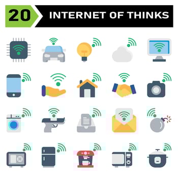 Internet of things icon set include chip, internet of things, processor, chip set, car, smart car, lamp, cloud, computing, computer, desktop, phone, mobile, hand, connecting, home, house, contract vector