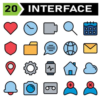 User interface icon set include love, heart, favorite, like, user interface, clock, time, hour, stopwatch, movie, film, video, play, multimedia, find, search, zoom, calendar, date, schedule, shield vector