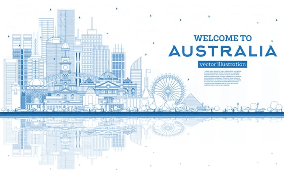 Outline Welcome to Australia Skyline with Blue Buildings and Reflections. vector