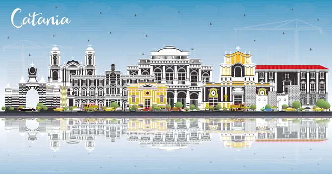 Catania Italy City Skyline with Gray Buildings, Blue Sky and Reflections. vector