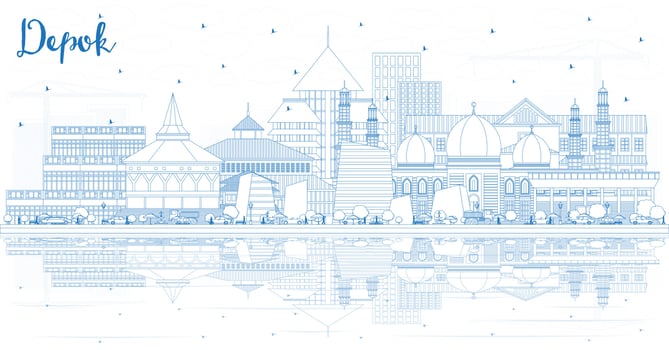 Outline Depok Indonesia City Skyline with Blue Buildings and Reflections. vector