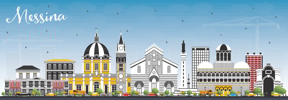 Messina Sicily Italy City Skyline with Color Buildings and Blue Sky. vector