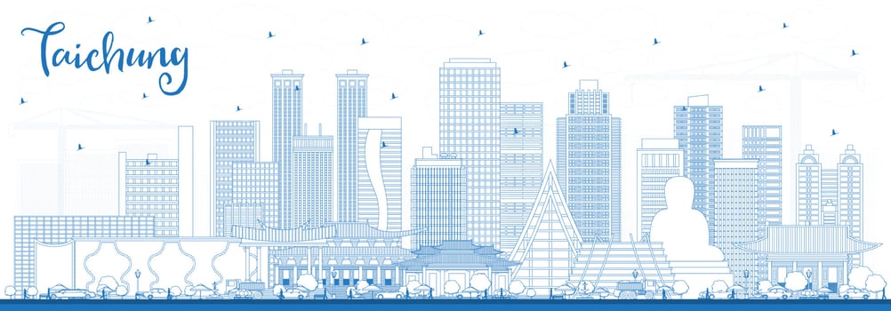 Outline Taichung Taiwan City Skyline with Blue Buildings. vector