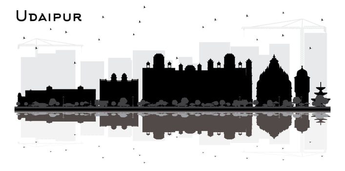 Udaipur India City Skyline Silhouette with BlackBuildings and Reflections Isolated on White. vector
