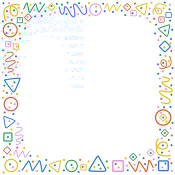 Colorful frame pattern. Circles, triangles, serpentine, dots, squares, rhombus and zigzag. Fun colorful line doodle shapes on white background. vector