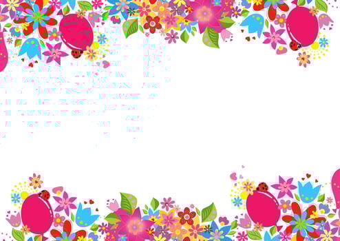 Colorful flower background. Beautiful banner floral and leaves template. Border design with text space. Vector illustration frame.