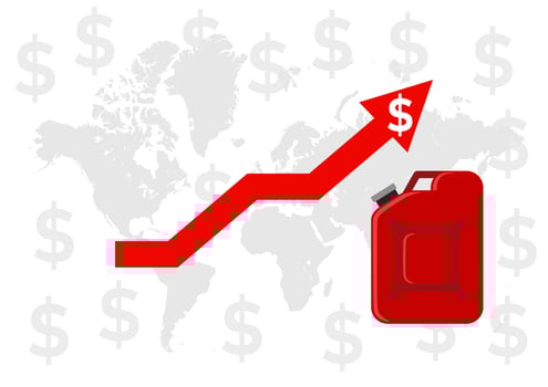 The oil and fuel crisis. Expensive shortage of oil the volatility of crude oil prices in the world. Market boycott wars vector illustration. World map. Fuel canister. Red arrow going up. Red canister.