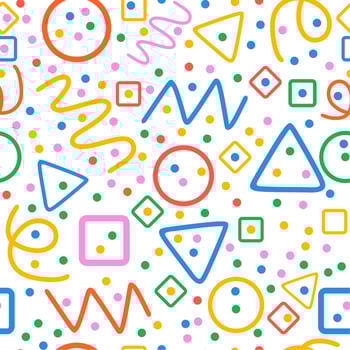 Colorful seamless pattern. Circles, triangles, serpentine, dots, squares, rhombus and zigzag. Fun colorful line doodle shape background. vector