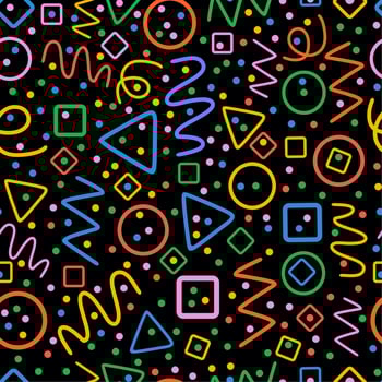 Colorful seamless pattern. Circles, triangles, serpentine, dots, squares, rhombus and zigzag. Fun colorful line doodle shape background. vector