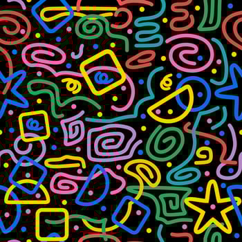 Colorful seamless pattern. Circles, serpentine, dots, squares, half circle, stars, stripes, wavy lines. Fun colorful line doodle shape background. Black background. Abstraction. vector