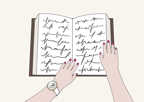 Girl is reading book. Top view. Hands, nails, clock, table. vector