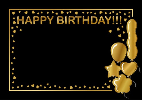 Happy Birthday card. Gold balloons and confetti. Gold frame. Isolated on dark black background. Different shapes of balloons. vector