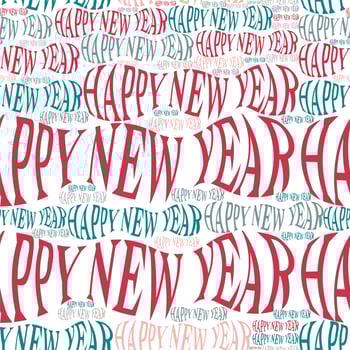Repeat Happy New Year words in white seamless background. Envelope distort text. Pink, light green, beige colors. Print pattern, fabric, textile, wrapping paper vector