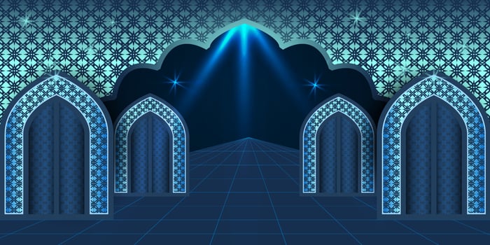 ramadan kareem concept banner 3d gold frame arabic window on beautiful background beautiful arabic pattern vector illustration hanging golden crescent moon and paper cut stars at clouds for text