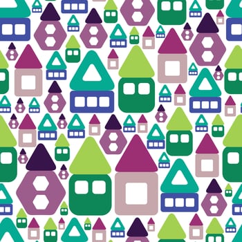 Abstract cozy colorful houses. Seamless pattern. Geometric shapes. Pattern on white background. Green, violet, blue colors. Different sizes. Copy paste. Ornamental. Triangles, squares, rectangles. vector