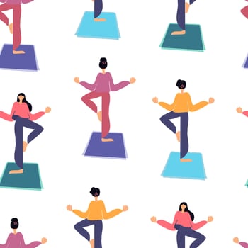 Pattern with women practicing yoga. Isolated female in tree yoga pose on white background. Healthy lifestyle. vector