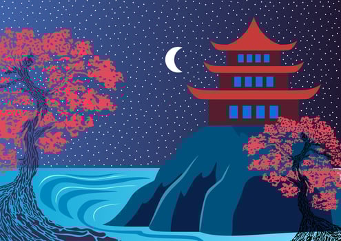 Javanese temple on a rock. Sea landscape. Night time. Stars and moon. Bonsai trees. vector