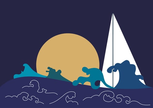 Wave line art sea background. Abstract ocean banner design pattern. Sunlight, sun, waves, sailboat. Night time. Japanese art. vector