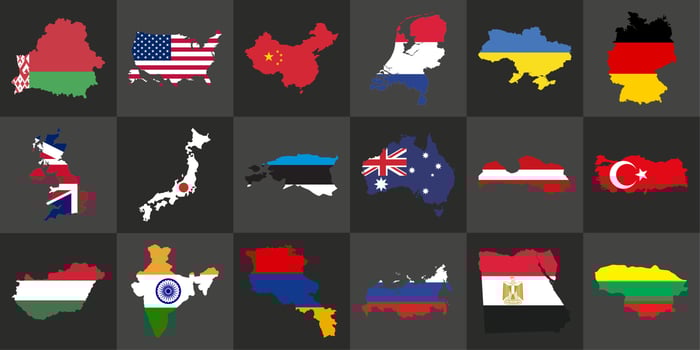 Detailed vector maps of the countries in the world. Colorful banner. Chess pattern.