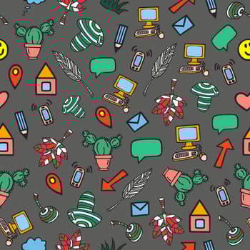 Mix doodle icons on gray seamless background. Bright colors. vector