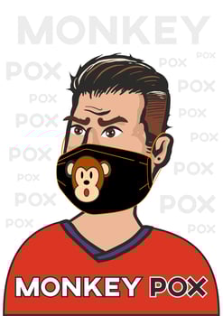 Man in a mask with monkey picture on a white background. Vector illustration Monkeypox infectious disease outbreak of virus.
