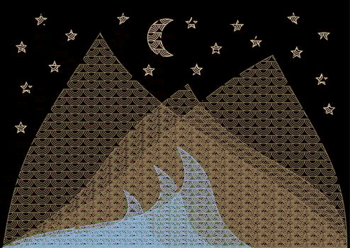Japanese ornament line art landscape background. abstract mountain and waves banner design pattern. vector geometric poster. Moon and stars. Night time.