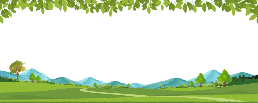 Spring green fields landscape,mountai,green leaves border with copy space,Panorama peaceful rural nature in spring with grass land.Cartoon Horizon for Spring,Summer Banner png