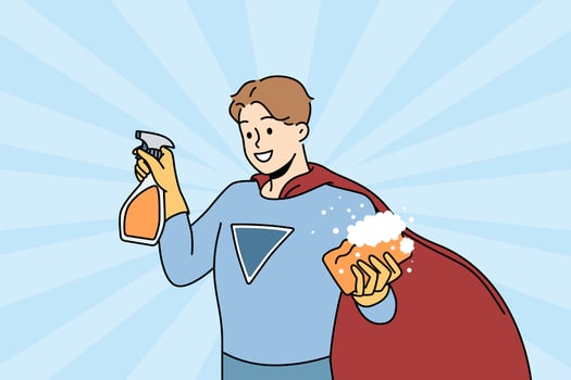 Smiling muscular man in superhero costume holding washcloth and detergent ready for cleanup. Happy male cleaner or housekeeper show good quality service. Housekeeping. Vector illustration.