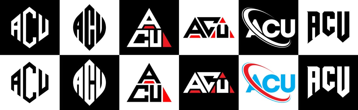 ACU letter logo design in six style. ACU polygon, circle, triangle, hexagon, flat and simple style with black and white color variation letter logo set in one artboard. ACU minimalist and classic logo vector