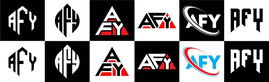 AFY letter logo design in six style. AFY polygon, circle, triangle, hexagon, flat and simple style with black and white color variation letter logo set in one artboard. AFY minimalist and classic logo vector