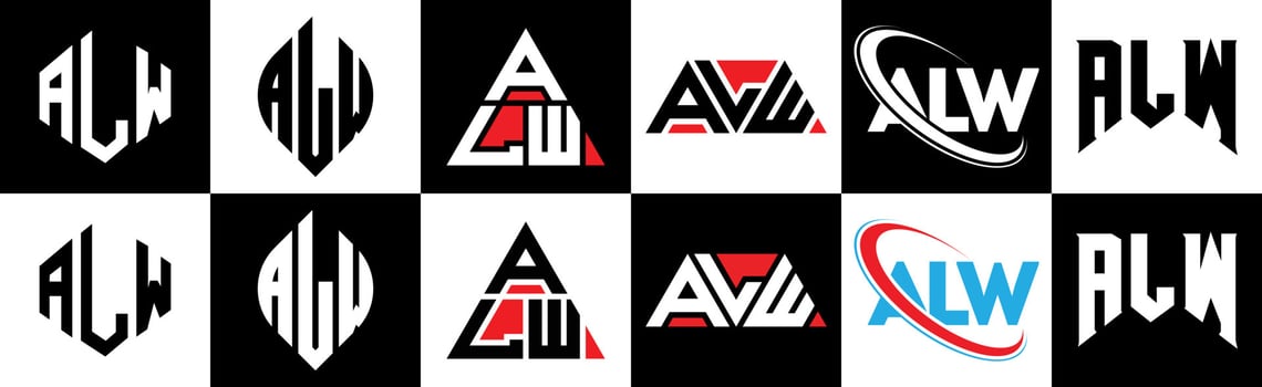 ALW letter logo design in six style. ALW polygon, circle, triangle, hexagon, flat and simple style with black and white color variation letter logo set in one artboard. ALW minimalist and classic logo vector