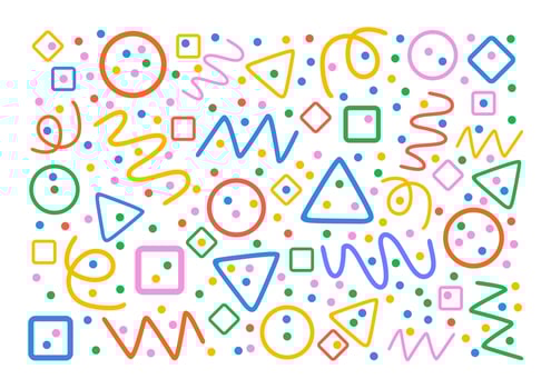 Colorful pattern. Circles, triangles, serpentine, dots, squares, rhombus and zigzag. Fun colorful line doodle shape background. vector