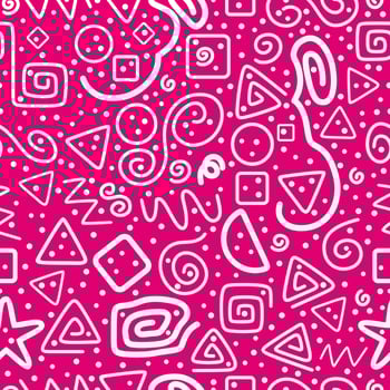 Pink seamless pattern. Triangles, serpentine, dots, square spirals, circles, squares and zigzag. Fun white line doodle shape background. Abstract. Textile, print, fabric, wrapping paper. vector