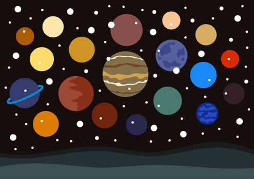 Japanese style abstract planets landscape. Cartoon nature night sky art. vector