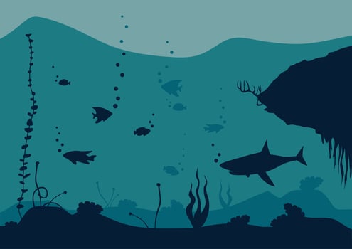 Underwater life template. Ocean bottom with seaweeds. Marine scene. vector