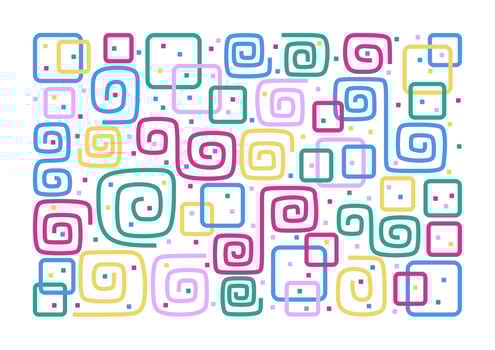 Colorful square spirals and squares on white background. Bright pattern. Wavy curly lines. Fun shapes. Stripy elements. Abstraction. vector
