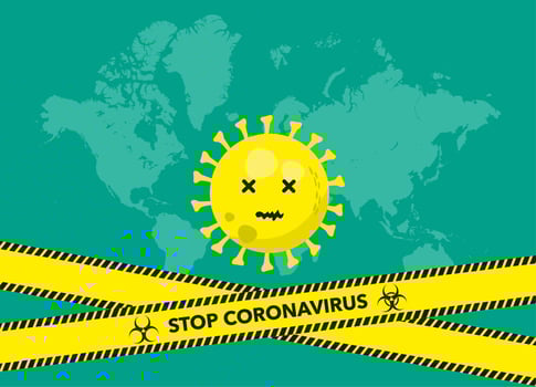 Stop coronavirus pandemic worldwide globally banner or poster design. Yellow, green and black colors. vector