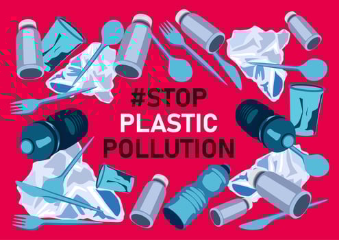 Stop plastic pollution. Text on pink background. Plastic bottles, bags, knifes, spoons, forks. vector
