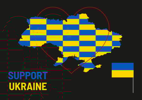 Map of Ukraine from flags with red heart. Support Ukraine. Black background. Blue and yellow. Poster, banner. vector