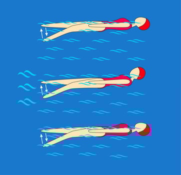 Swim on your back while crawling your legs, tilt your head forward so that you can see the surface of the water above your body. Swimming pool instruction. vector