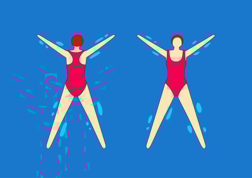 Young woman lying on the water, the position of the star. Girl lying on stomach and back in swimming pool. vector