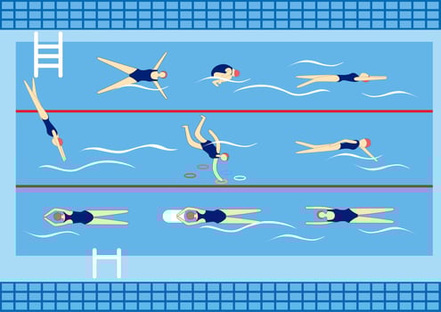 Swimmers in swimming pool. Sport professional swimming pool with lanes. people swim in public swimming pool vector illustration set.