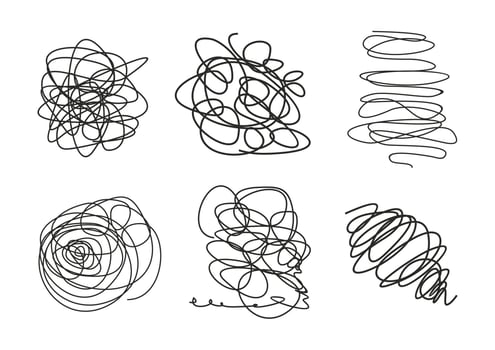 Tangled abstract scribble set. Hand drawn doodle elements. Sketch vector isolated on white background. Black and white simple elements.