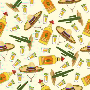 Tequila vector bottle and shot of tequila with lime on a light yellow background. Cactus, sombrero, sand. Yellow, red, green. Seamless pattern.