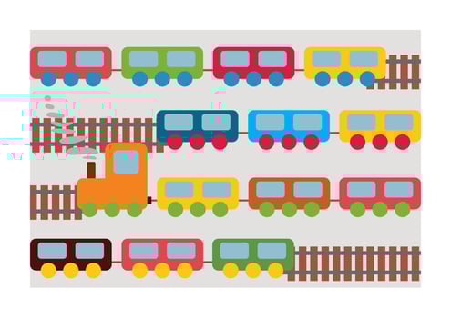 Train toys pattern. Locomotive for kid. Cartoon wagon, wheels and railway for child. Train isolated on gray background. Cute icon for holiday, birthday and shop. Transport children game. Vector. vector
