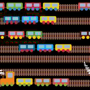 Cute colorful trains and railways. Seamless pattern. Black background. Bright colors. Toys for child's. Locomotive. vector