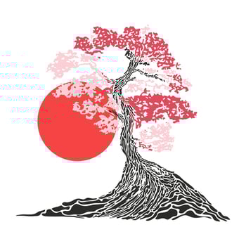 Japanese bonsai tree. Tree and sun icon. Bonsai silhouette vector illustration on isolated white background. Ecology, nature, bio concept. Sunset with tree silhouette. Design template.
